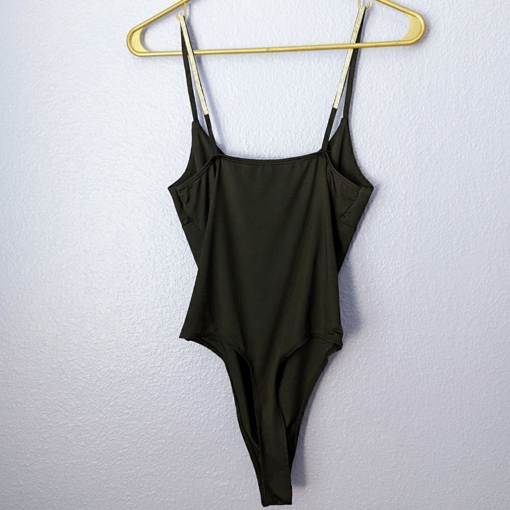 Women's Iris Bodysuit Sleeveless Black Silver Sequined Straps Small Button Euc — image 2 of 8